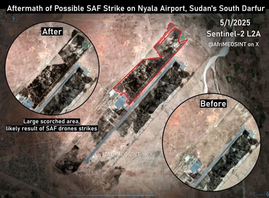 صور أقمار صناعية تكشف دماراً واسعاً بمطار نيالا جراء ضربات مسيّرة